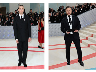 MET GALA 2023 dunhill 新任创意总监Simon Holloway首度操刀，为演员Harris Dickinson和James McAvoy打造dunhill特别定制，英伦优雅致敬Karl Lagerfeld
