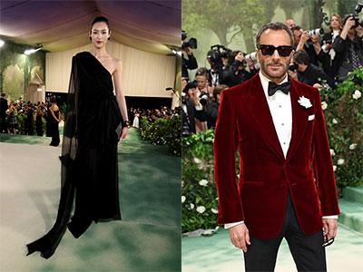 刘雯及Tom Ford身着Saint Laurent by Anthony Vaccarello亮相Met Gala 2024红毯